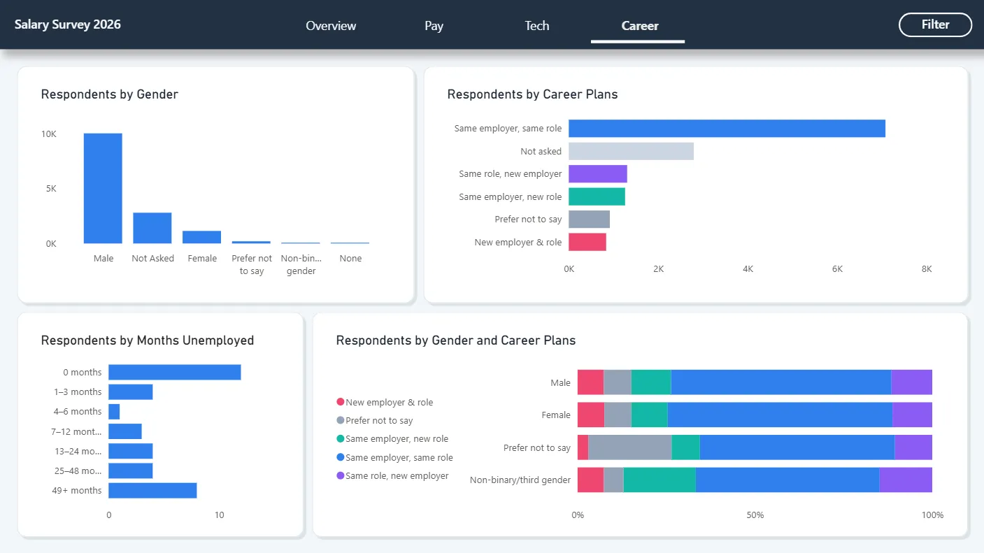 Power BI Career page presenting reported career plans and respondent characteristics